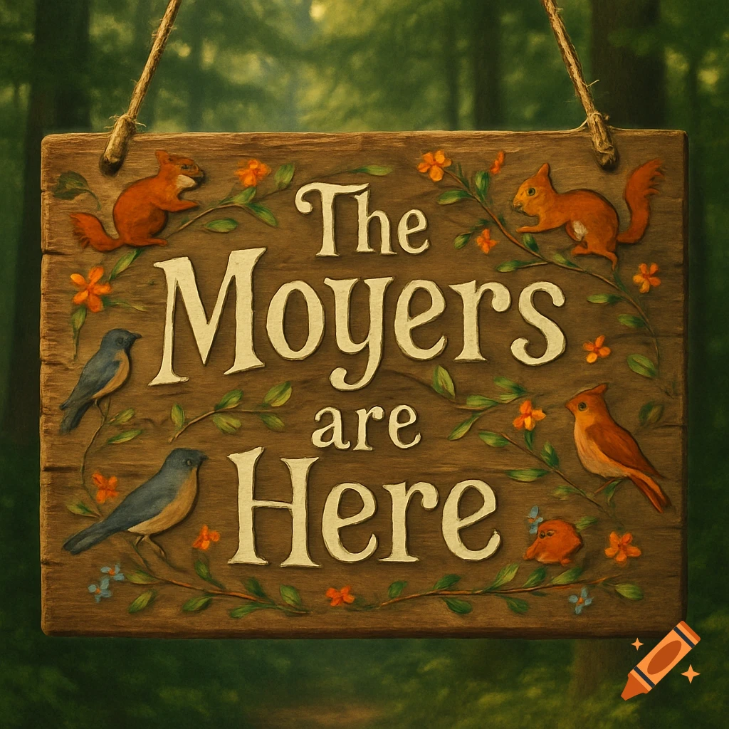 A rustic wooden sign hangs, adorned with illustrations of squirrels, birds, and leaves, bearing the text 'The Moyers are Here'.