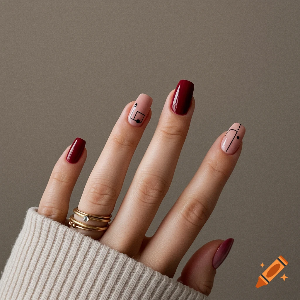 Close-up of a hand with short, minimalist nail art featuring red and nude nails with black lines and dots.