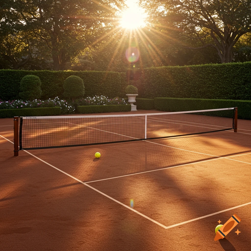 A sun-drenched outdoor clay tennis or pickleball court with two yellow balls, surrounded by green hedges and trees.