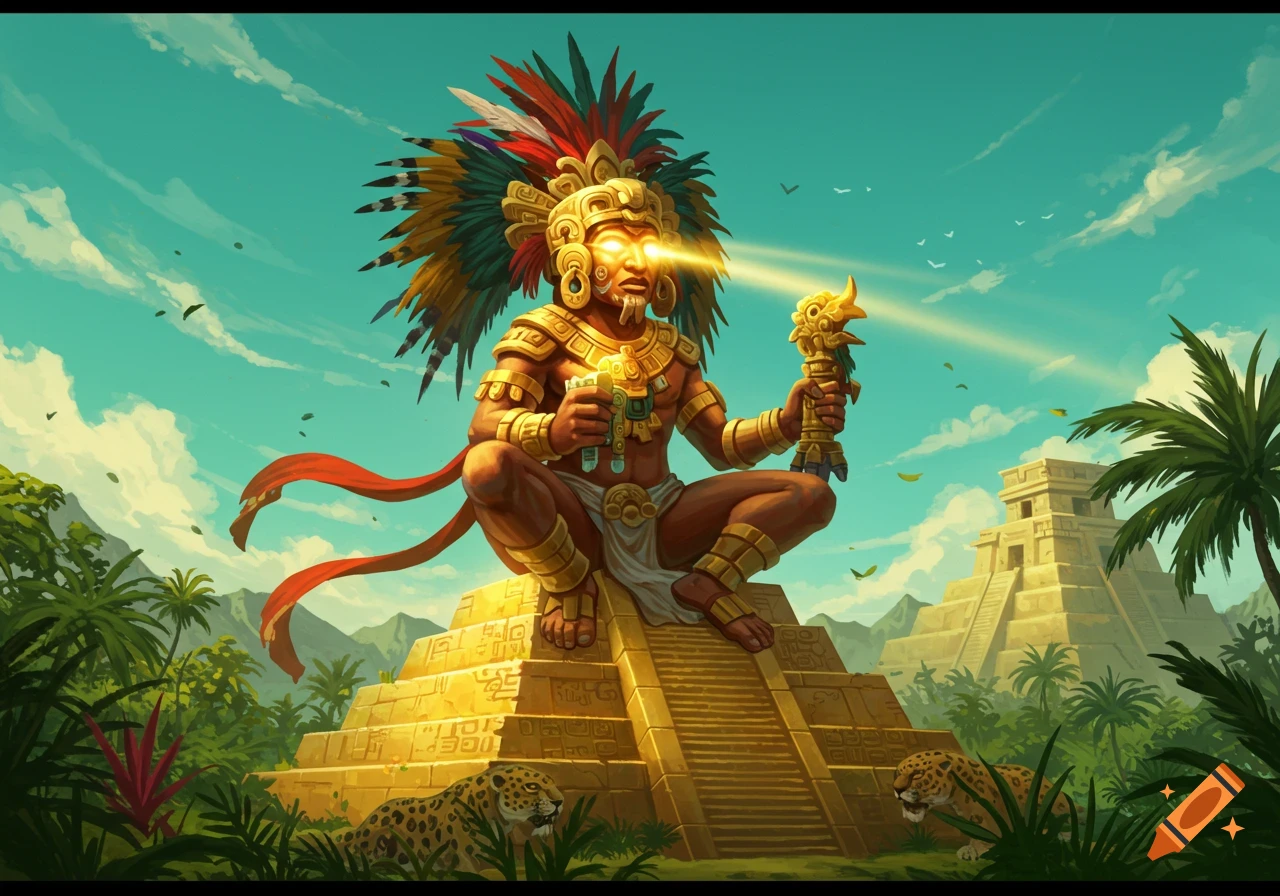 A majestic golden deity with glowing eyes and a feathered headdress sits atop a sunlit pyramid in a lush jungle, with jaguars.