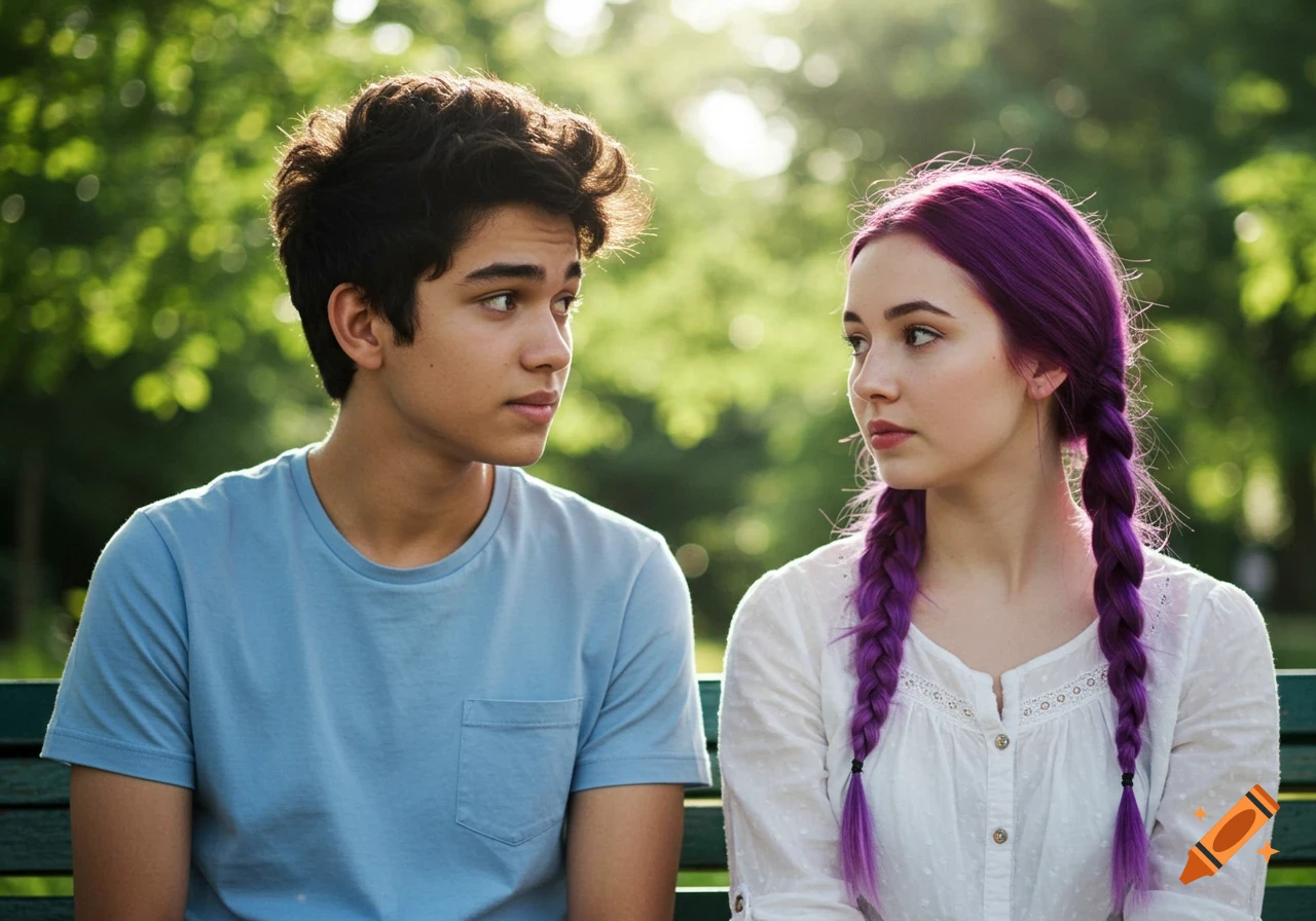 A photorealistic portrait of a boy with messy hair and a girl with purple braids looking at each other outdoors.