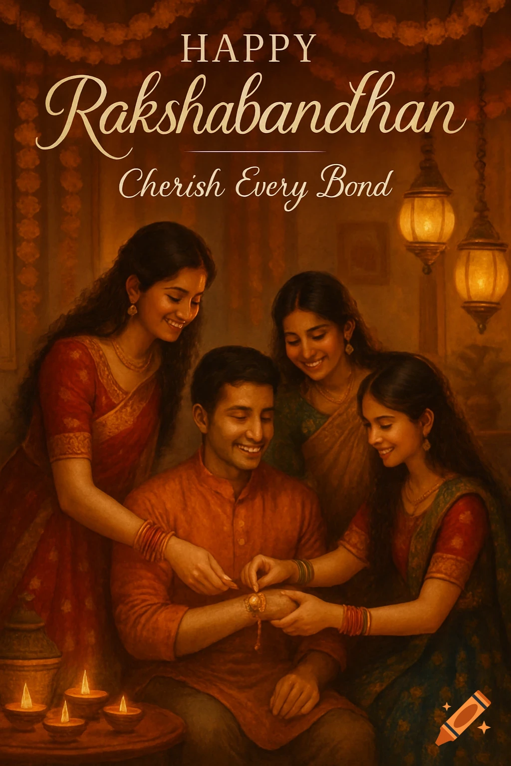 Painterly image of three Indian sisters tying a rakhi on their brother's wrist for Rakshabandhan, in a festively lit home.
