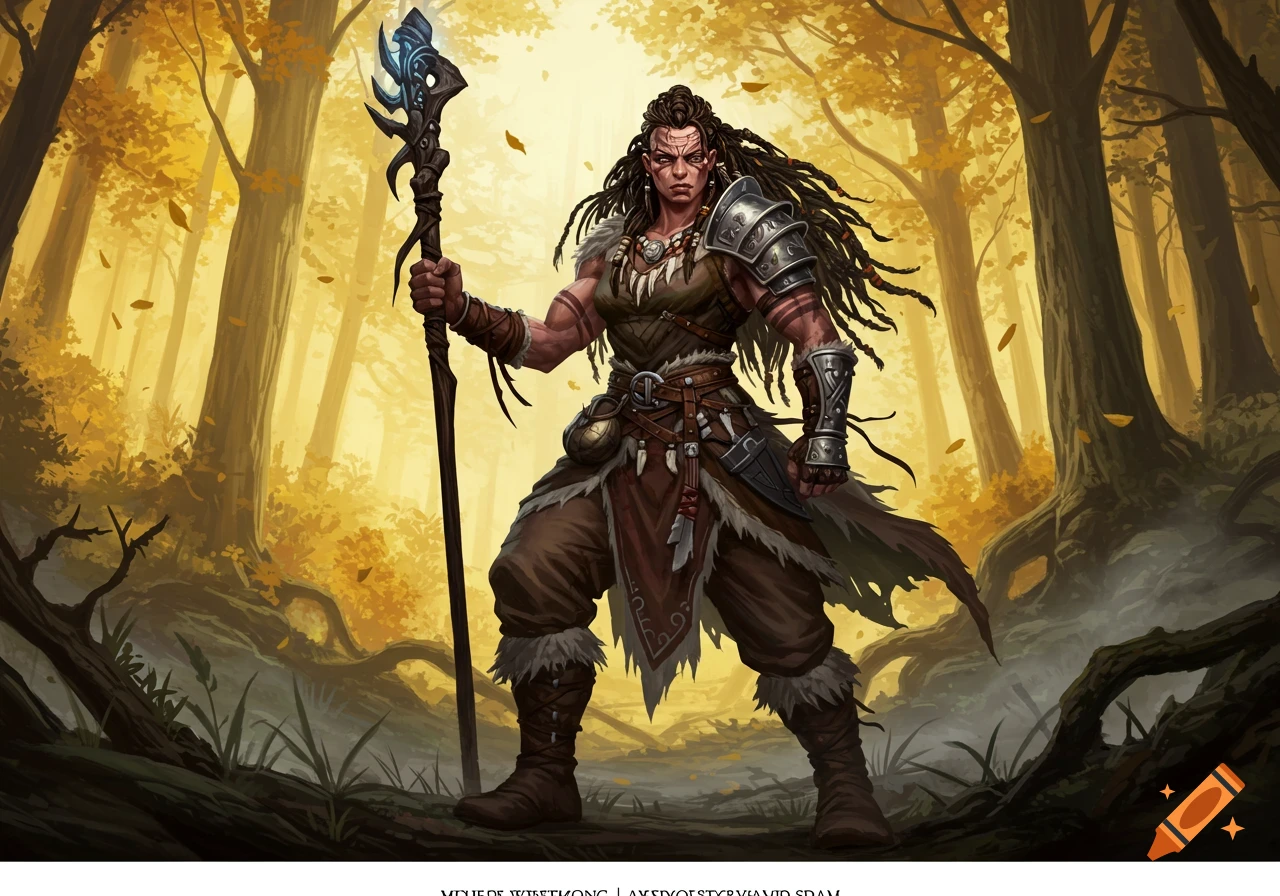 A strong female barbarian with long dreadlocks and armor stands holding a glowing staff in an autumn forest.