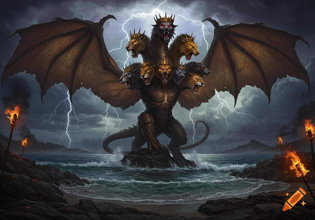 A monstrous multi-headed winged beast with crowns stands in a stormy sea with lightning, surrounded by torchlit rocks.