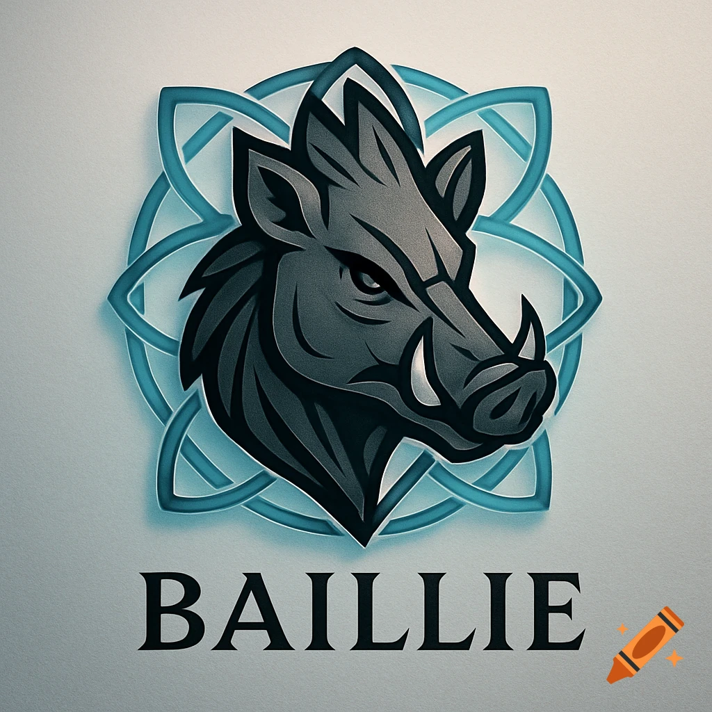 A stylized grey boar's head with prominent tusks, set against a blue Celtic knot design. The word "BAILLIE" is below it.