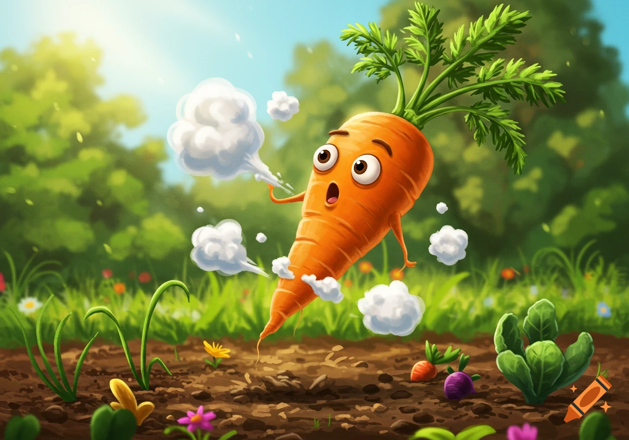 A cartoon carrot with a surprised expression emits white smoke clouds in a vibrant garden.