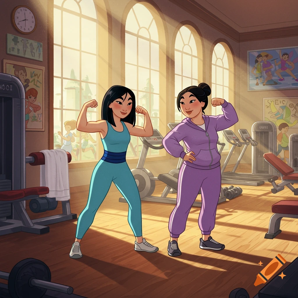 Mulan and her mother, in a cartoon style, flex their muscles while standing in a brightly lit gym.
