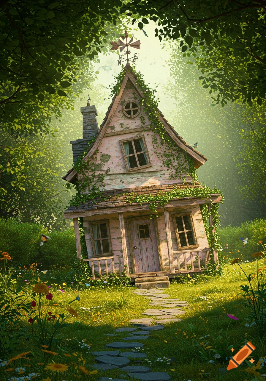 A whimsical, leaning pink house covered in ivy sits in a lush green forest clearing with a stone path and wildflowers.