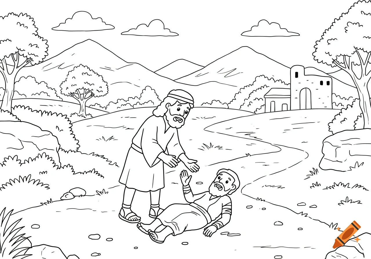 Line art drawing of the Good Samaritan helping an injured man on a path in a hilly landscape, suitable for coloring.