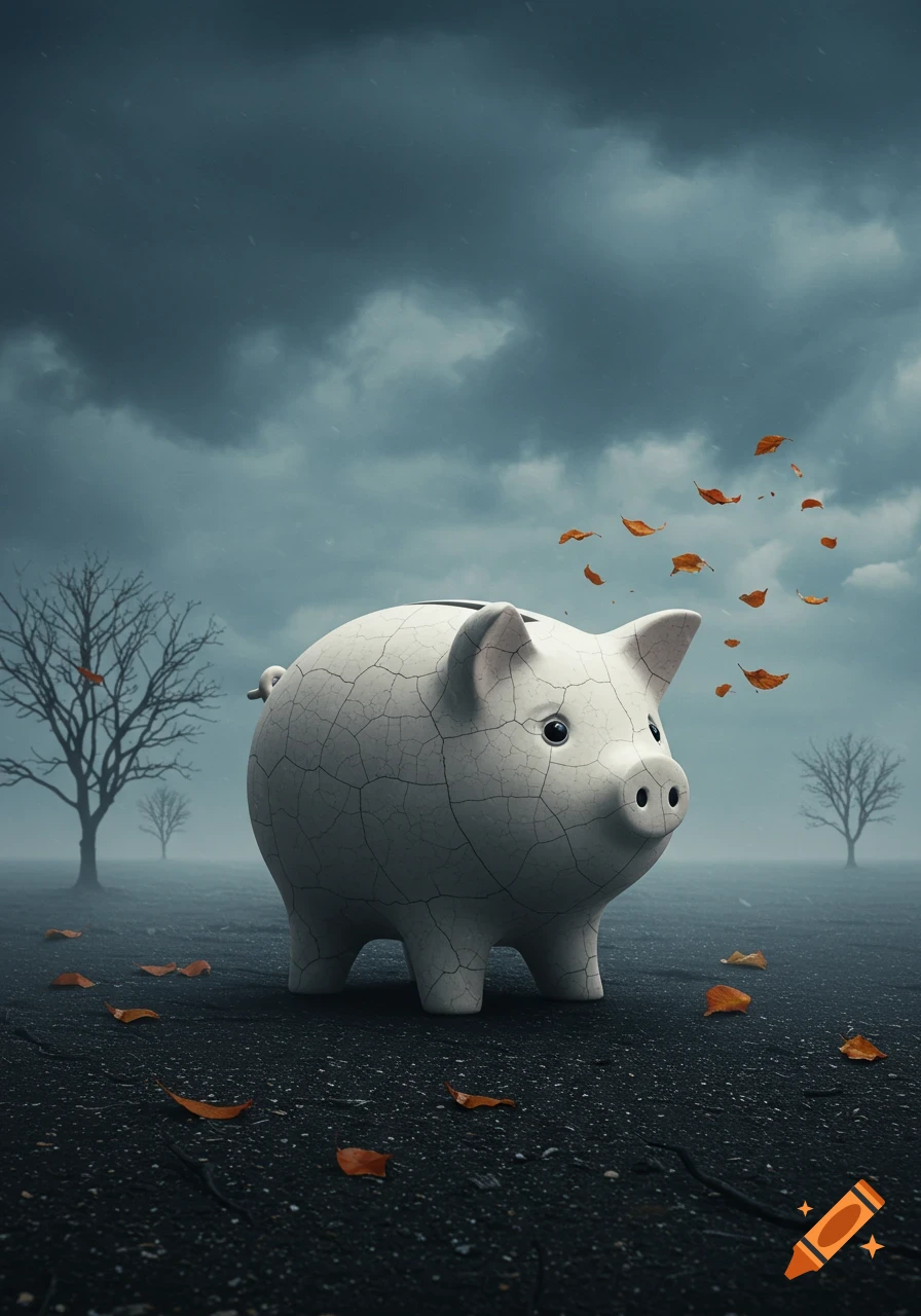 A cracked piggy bank on barren ground under a stormy sky with autumn leaves.