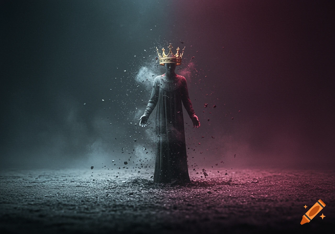 A dark figure in a long dress stands amidst dissolving particles, wearing a golden crown, under dramatic blue and red lighting in a somber, photorealistic style.