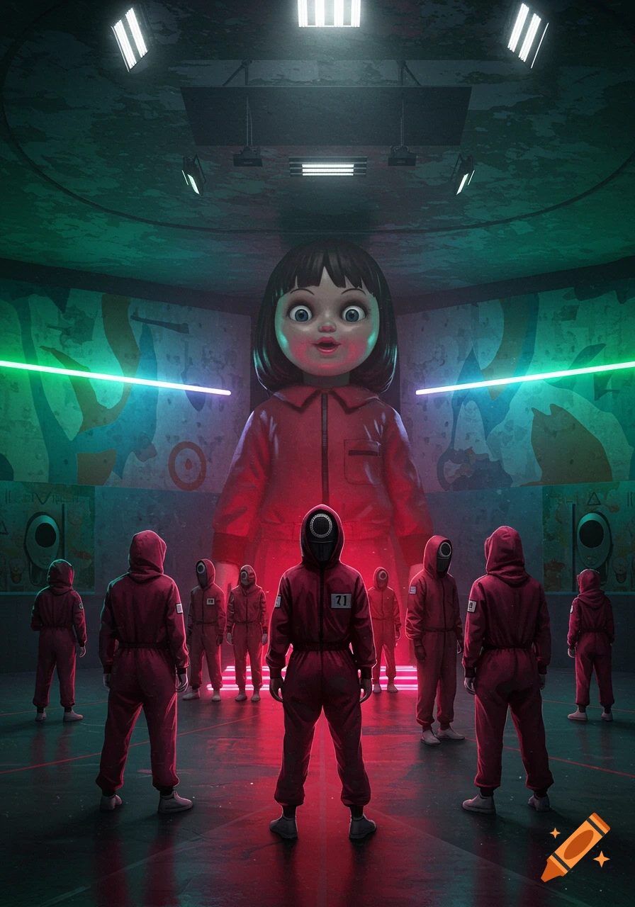 A large doll from Squid Game overlooks figures in red jumpsuits with masks in a neon-lit, industrial room.