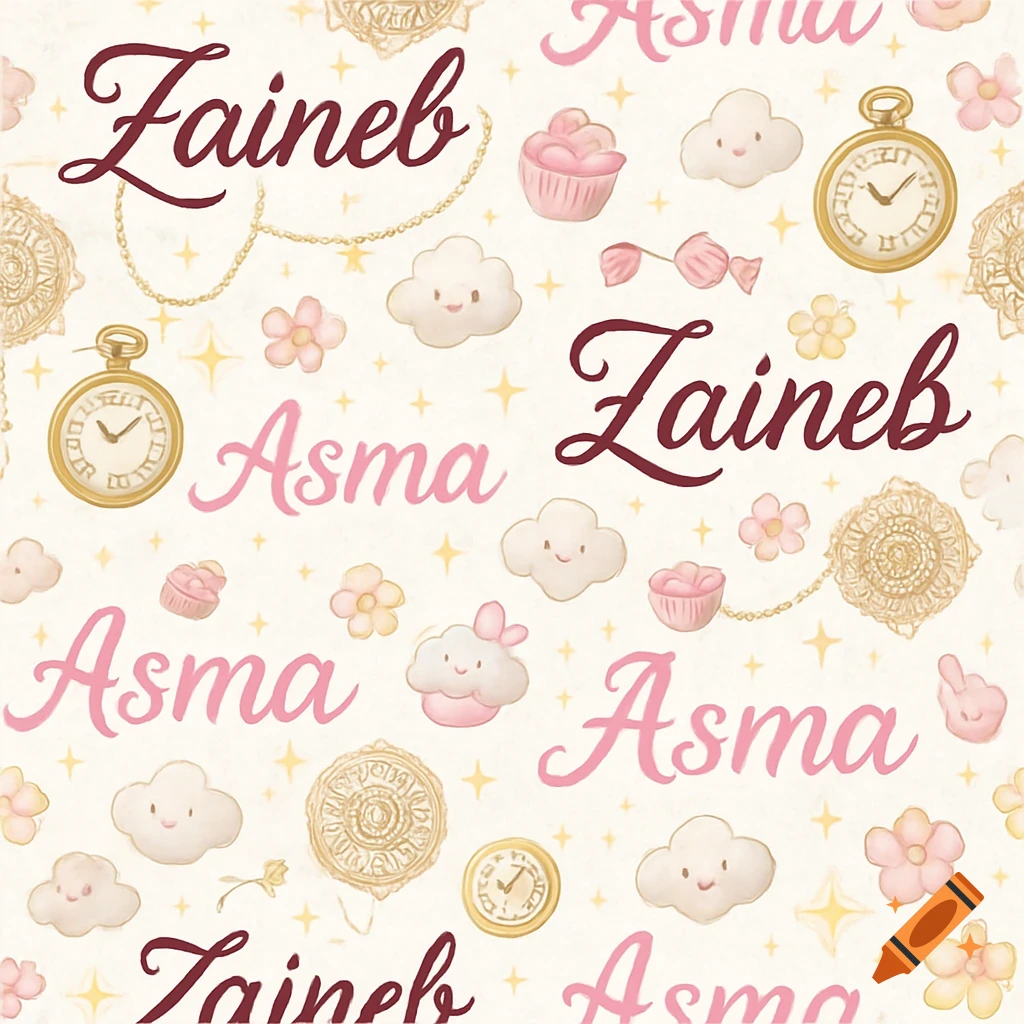 A repeating pattern with the names Zaineb in maroon and Asma in pink, surrounded by cute cupcakes, clouds, flowers, and pocket watches on a cream background.