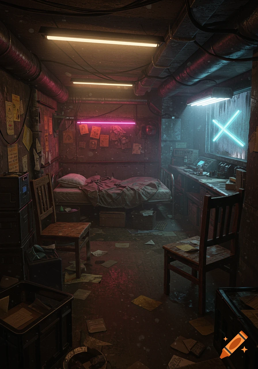 A cluttered, dimly lit cyberpunk basement room with a bed, chairs, pipes, and neon lights. Papers are strewn on the floor and walls.