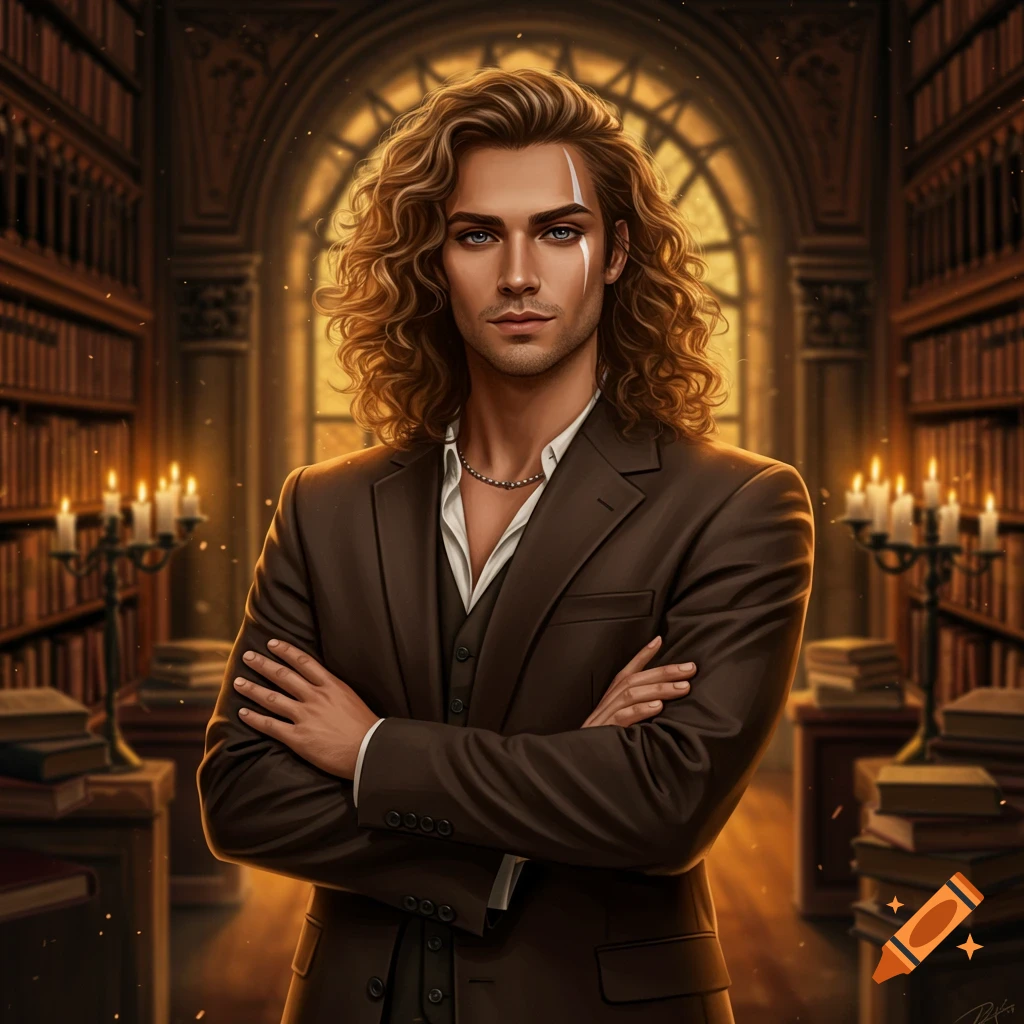 A portrait of a young man with long curly brown hair and a white streak, wearing a brown suit, standing in a library.