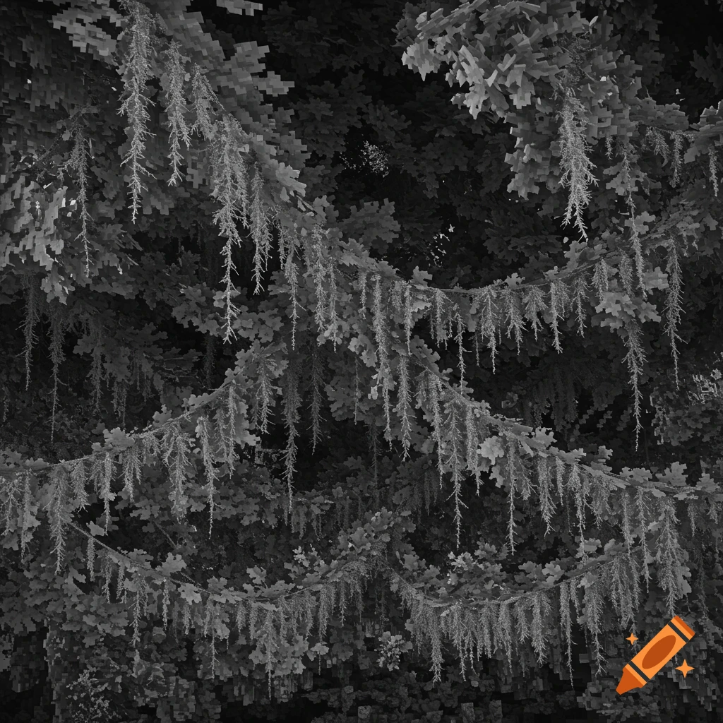 Grayscale image of pixelated leaves and drooping moss in a Minecraft style.