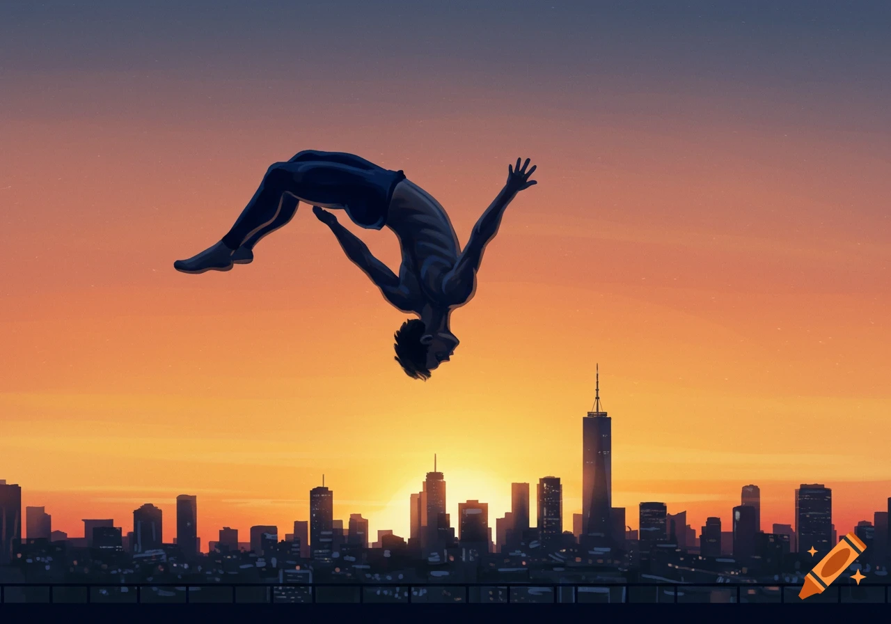 Illustration of a silhouetted man doing a backflip against an orange and blue sunset over a city skyline.