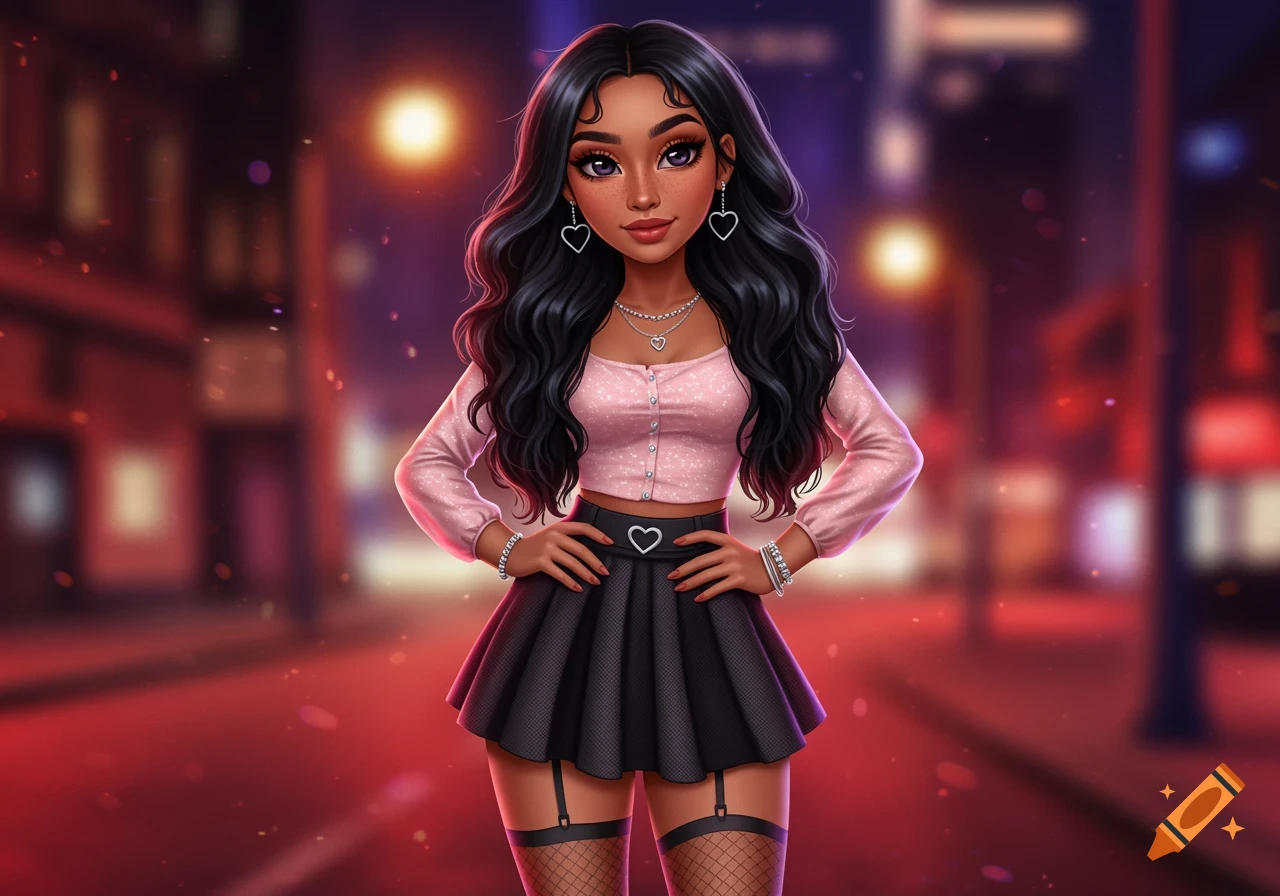 A stylized young woman with long black hair, wearing a pink crop top, black mini skirt, and fishnet stockings, on a city street at night.