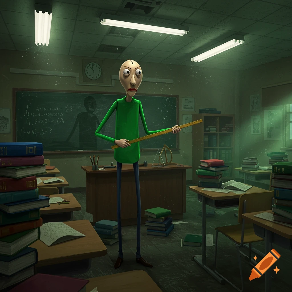 A bald, pale-skinned, cartoonish man in a green shirt and blue pants holds a ruler in a dimly lit classroom.