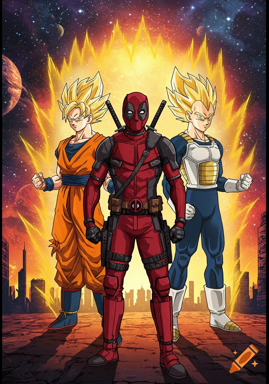 Goku and Vegeta from Dragon Ball flank Deadpool, standing in a cityscape against a cosmic, fiery sky.