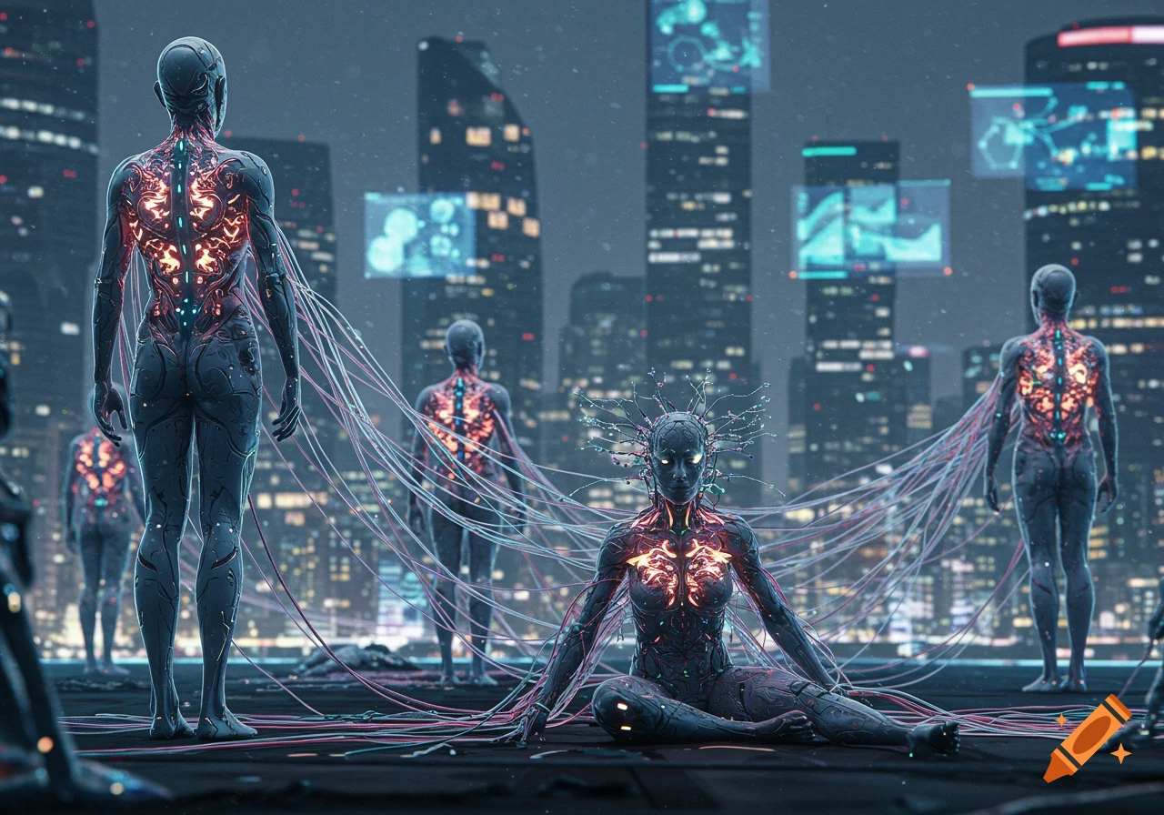 Photorealistic image of multiple glowing cyborg figures connected by wires on a rooftop overlooking a futuristic cityscape at night.