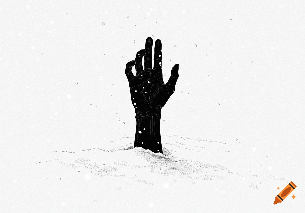 A minimalist black and white illustration of a hand reaching out from snow with falling flakes.