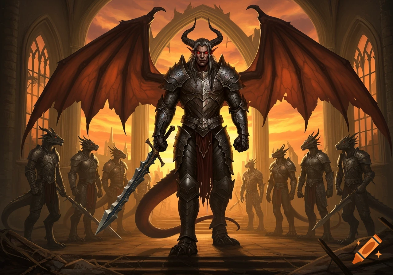 A towering armored warrior with horns, dragon wings, and red eyes stands in a ruined throne room at sunset, surrounded by armored humanoid dragons.
