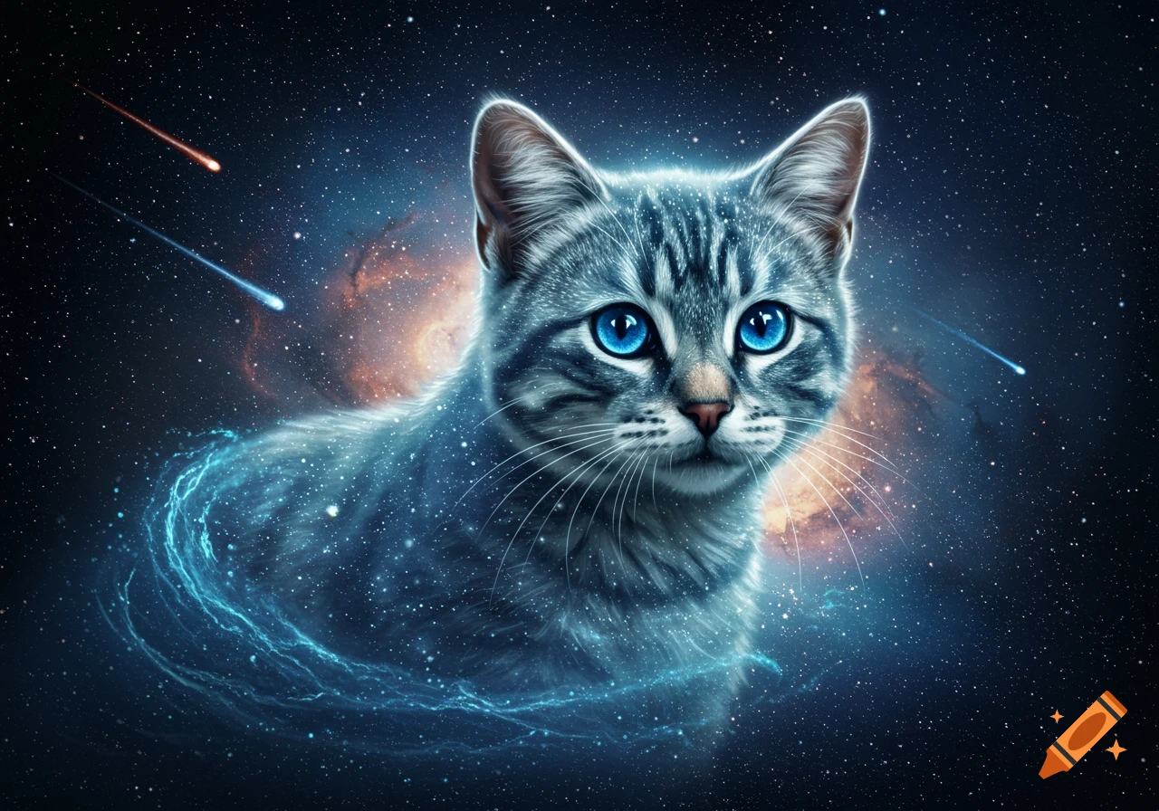A glowing gray tabby cat with bright blue eyes against a dark starry background with nebulae and shooting stars.