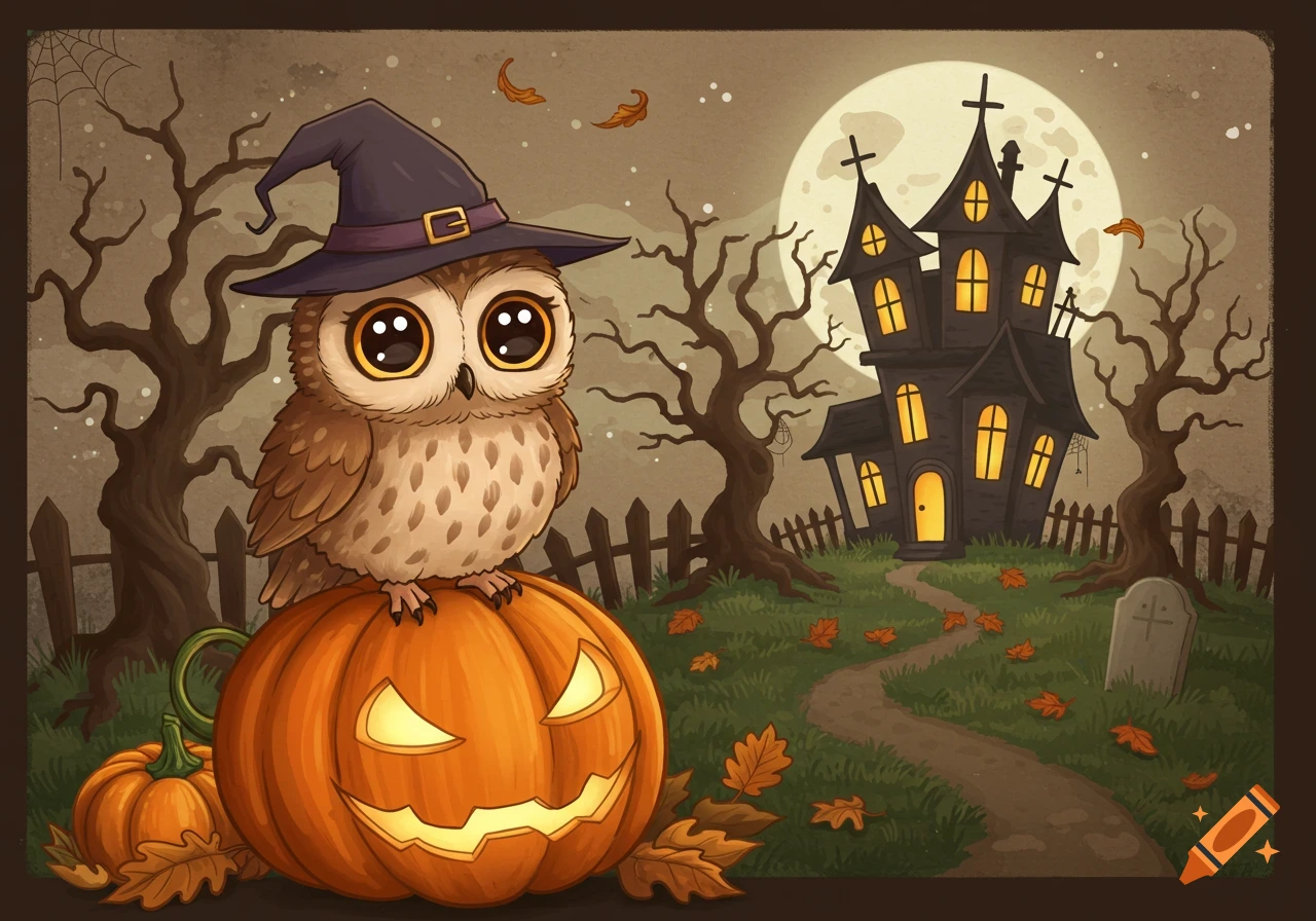 A cute cartoon owl wearing a witch hat sits on a jack-o'-lantern in front of a haunted house under a full moon.