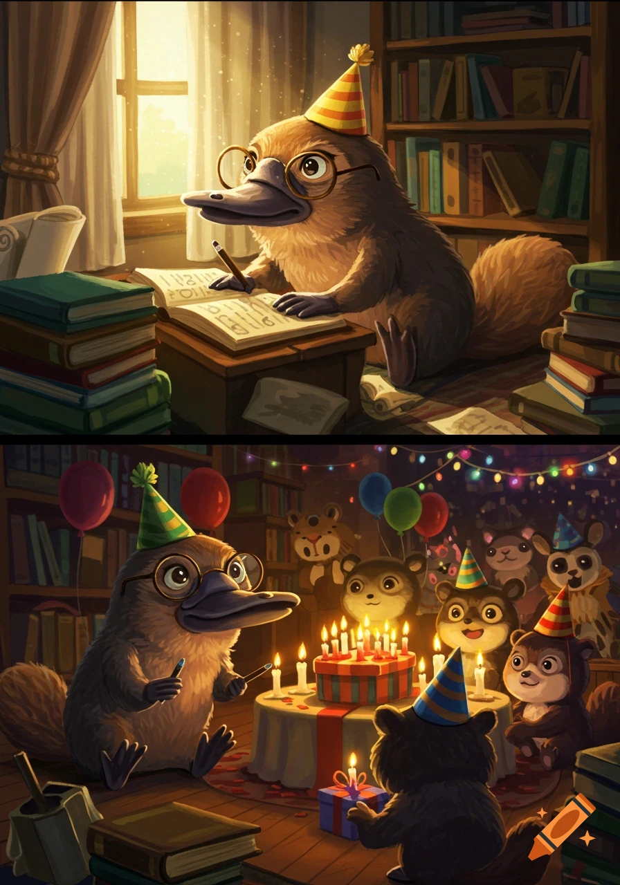 A two-panel cartoon features a platypus studying at a desk in the top panel and celebrating at a birthday party with other animals in the bottom panel.