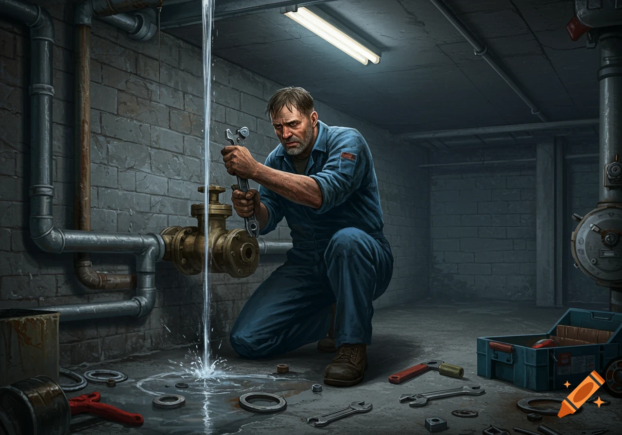 A tired man in blue overalls kneels to fix a leaking pipe in a dimly lit basement, water splashing onto the floor amidst tools.