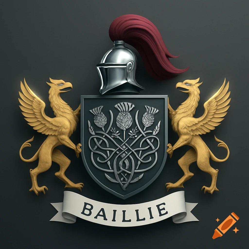 A 3D rendering of a coat of arms featuring a silver helmet, two golden griffins, a shield with thistles and knotwork, and a banner reading 'BAILLIE'.