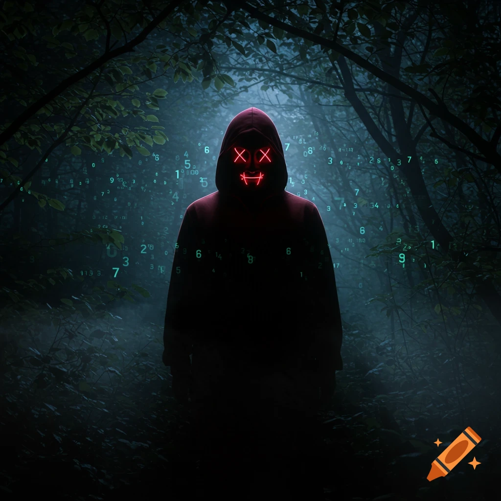 A dark, mysterious figure in a red hooded sweatshirt with glowing red X's for eyes and a red stitched smile stands in a misty forest with glowing green numbers floating around.