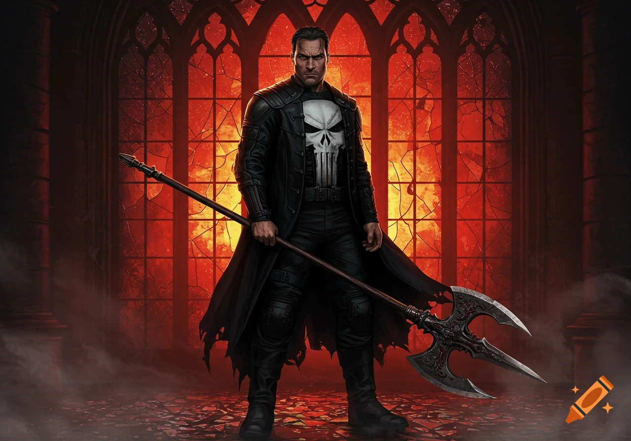 A grim, muscular man in a long black leather coat and the Punisher skull emblem holds a large, menacing halberd against a backdrop of glowing red stained-glass windows.