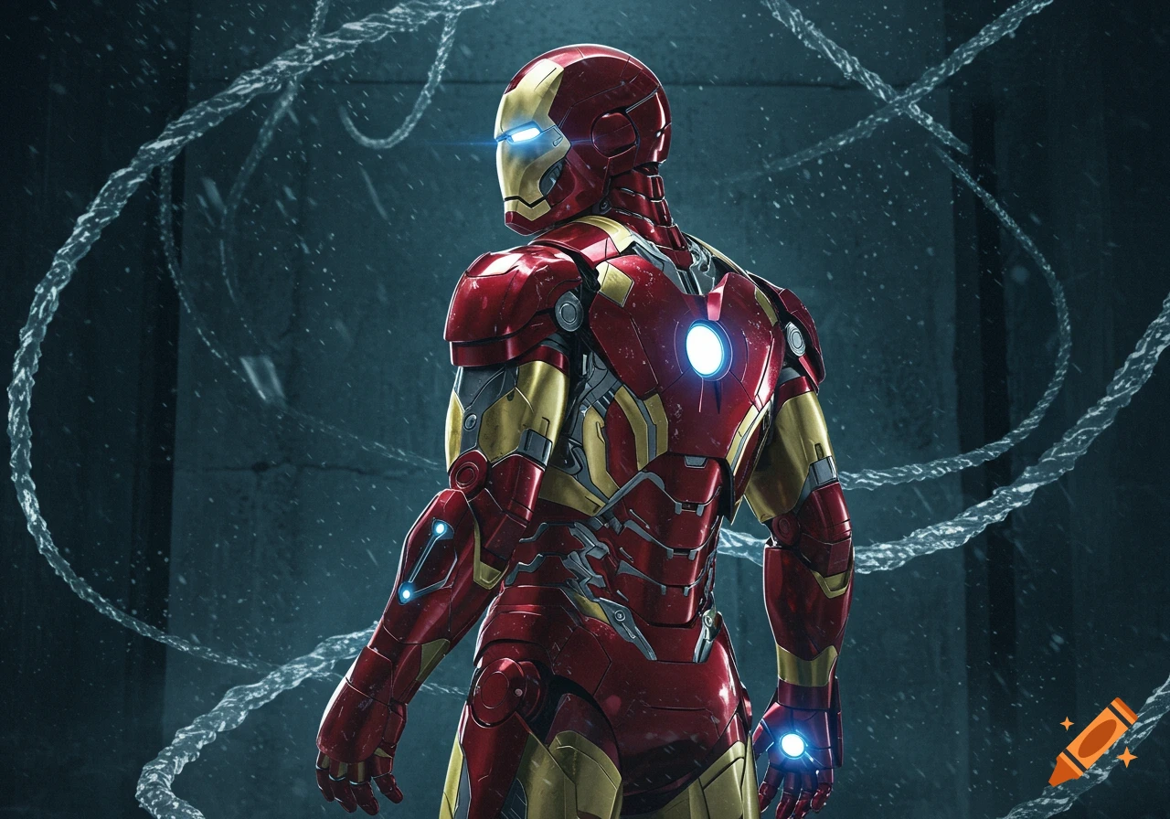 Iron Man in his red and gold suit stands with his back to the viewer, looking over his shoulder in a dark, cold concrete room with floating chains and snow.