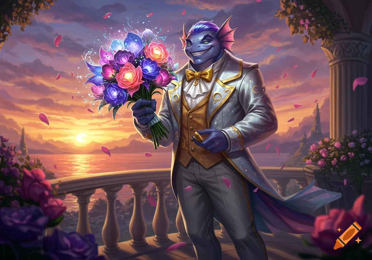 A blue, fish-like creature in a white and gold suit holds a glowing bouquet and a small ring on a balcony at sunset with falling rose petals.