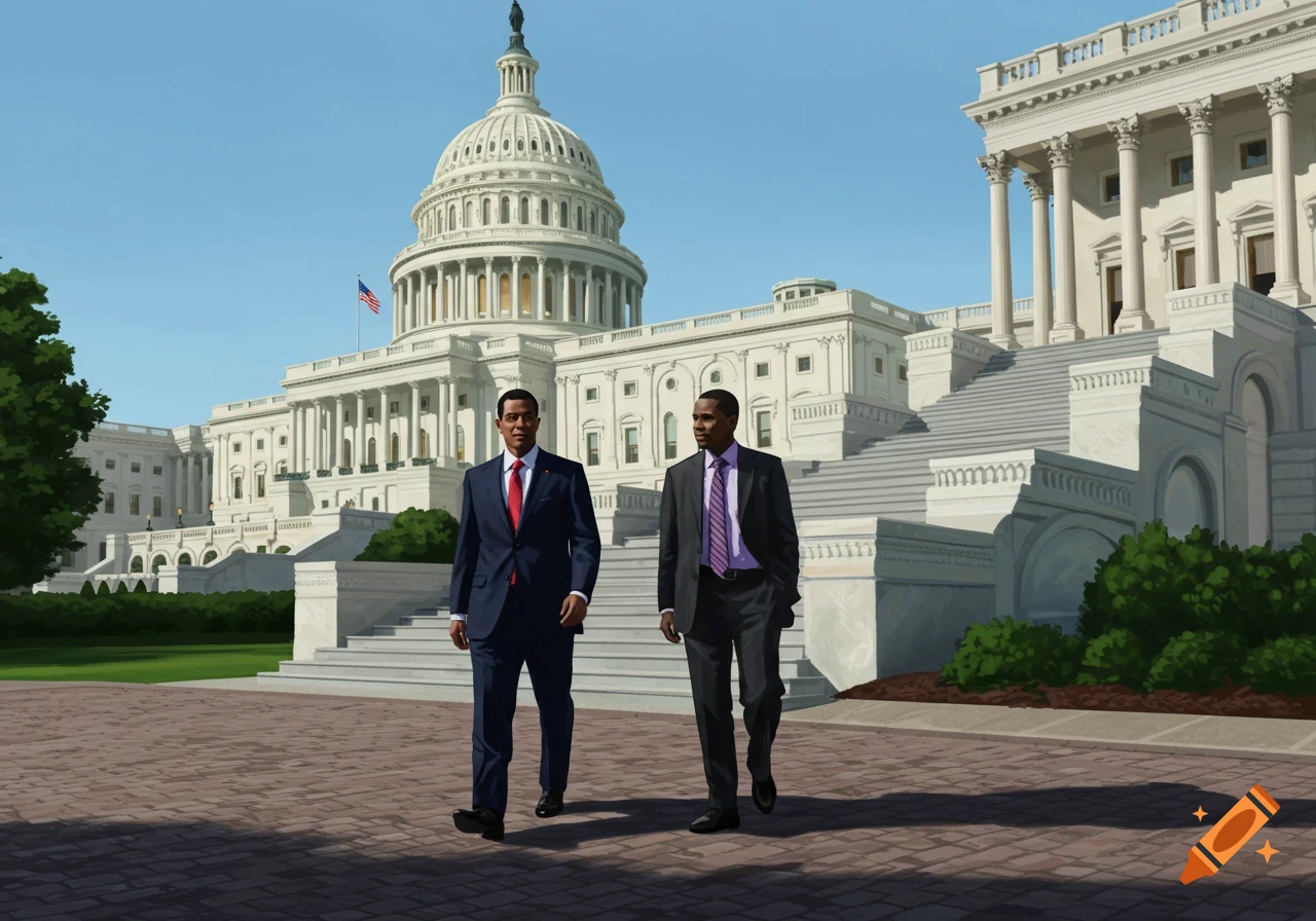 Illustration of two men in suits walking on a paved path in front of the U.S. Capitol Building under a clear sky.