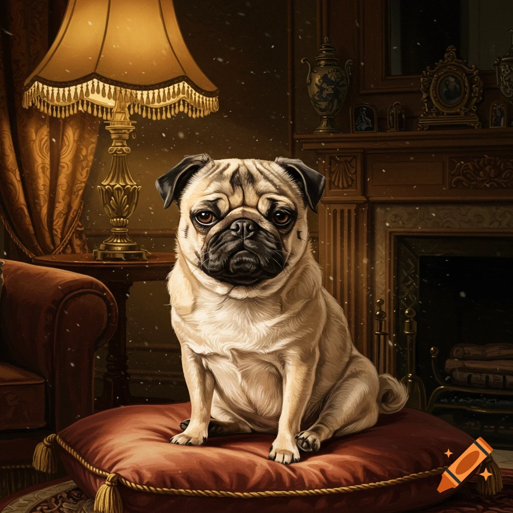 A tan pug dog with a dark muzzle sits on a red cushion in a grand, richly decorated room with an ornate lamp and fireplace.