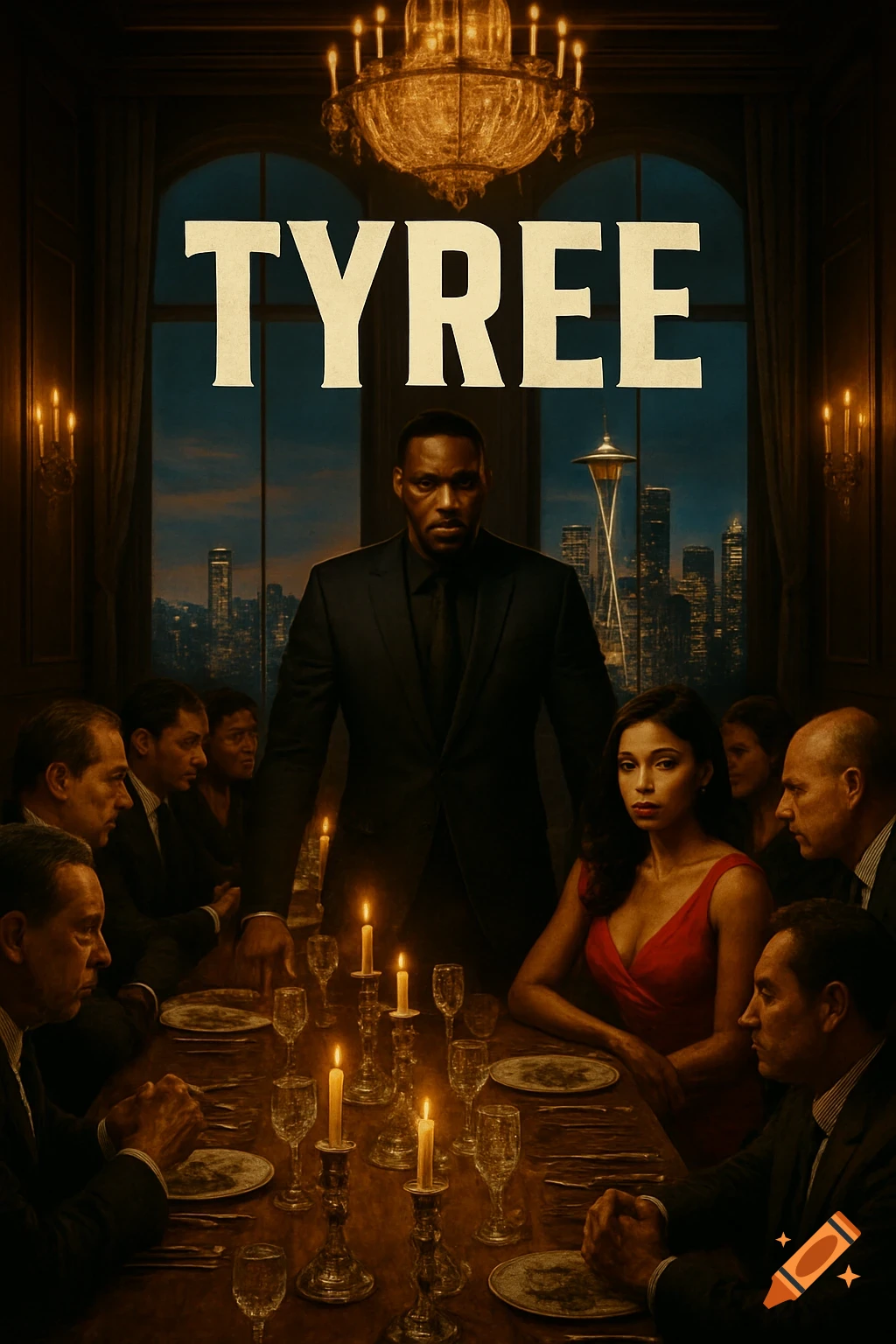 Dramatic movie poster for 'TYREE' featuring a man in a suit standing over a candlelit dinner table with a city skyline visible.