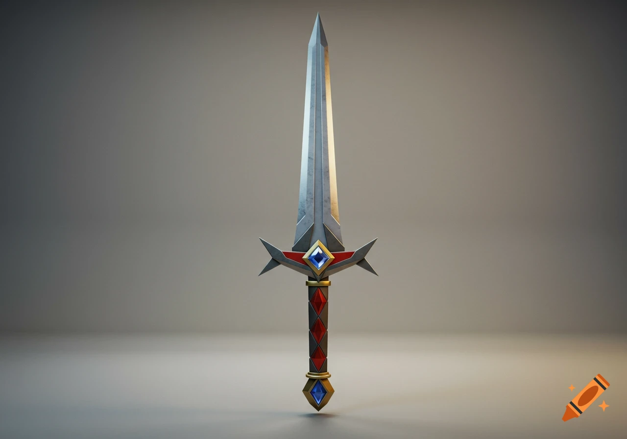 A low poly 3D rendered sword with a silver blade, red and gold hilt, and blue gems, against a gray background.