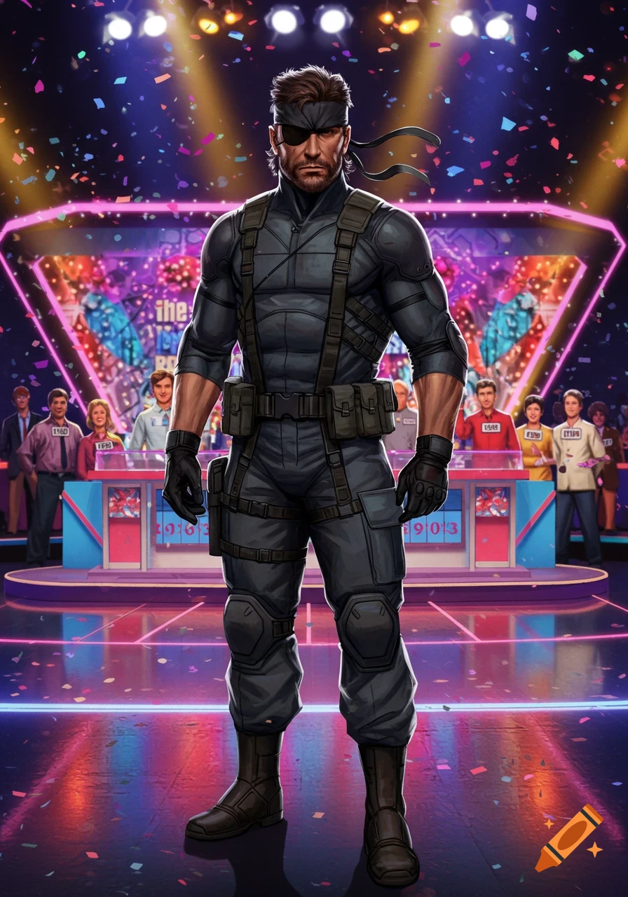 Solid Snake in his grey stealth suit standing on a brightly lit game show stage with confetti falling, with other contestants in the background.
