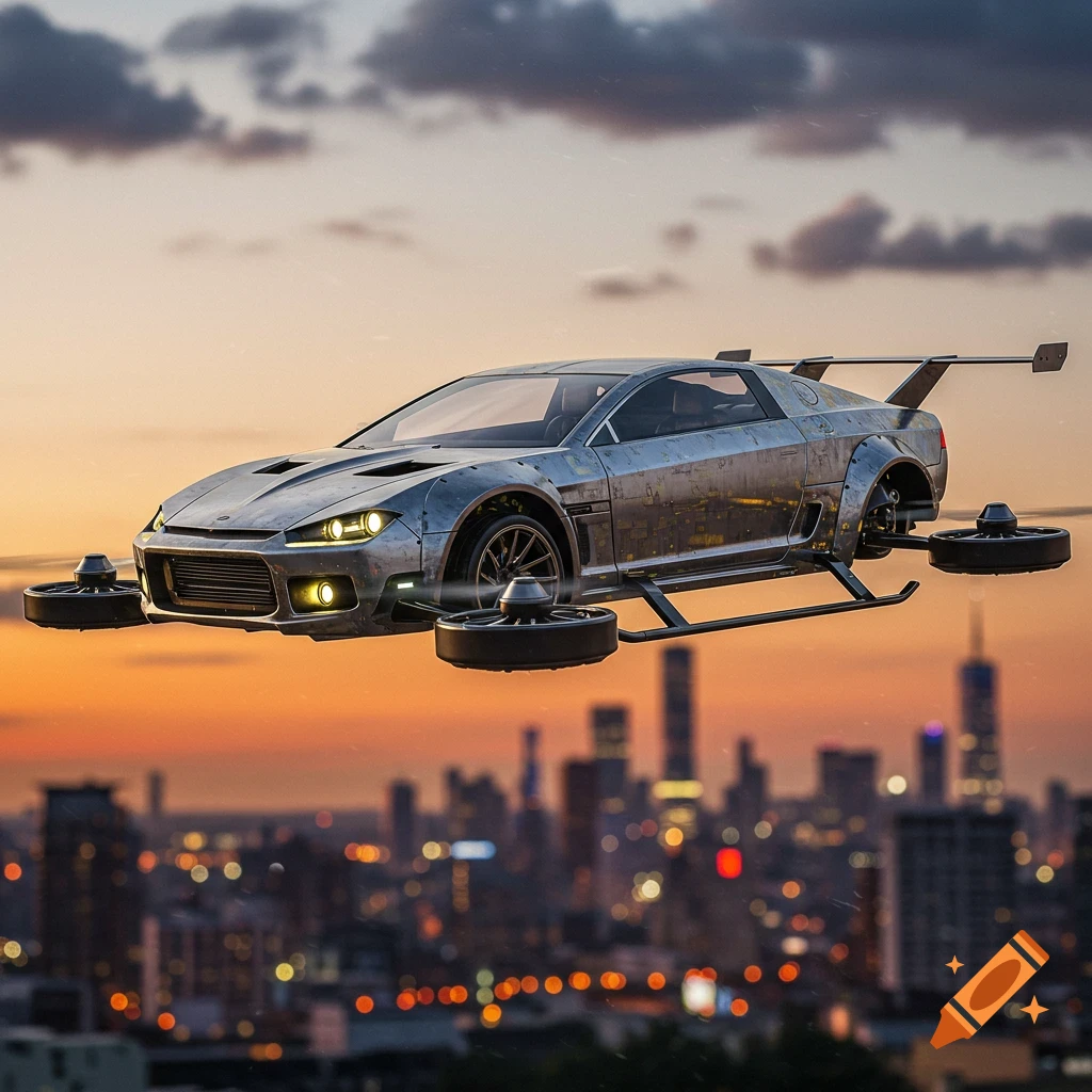 A metallic flying car with thrusters soars over a city skyline at sunset, rendered in a photorealistic style.