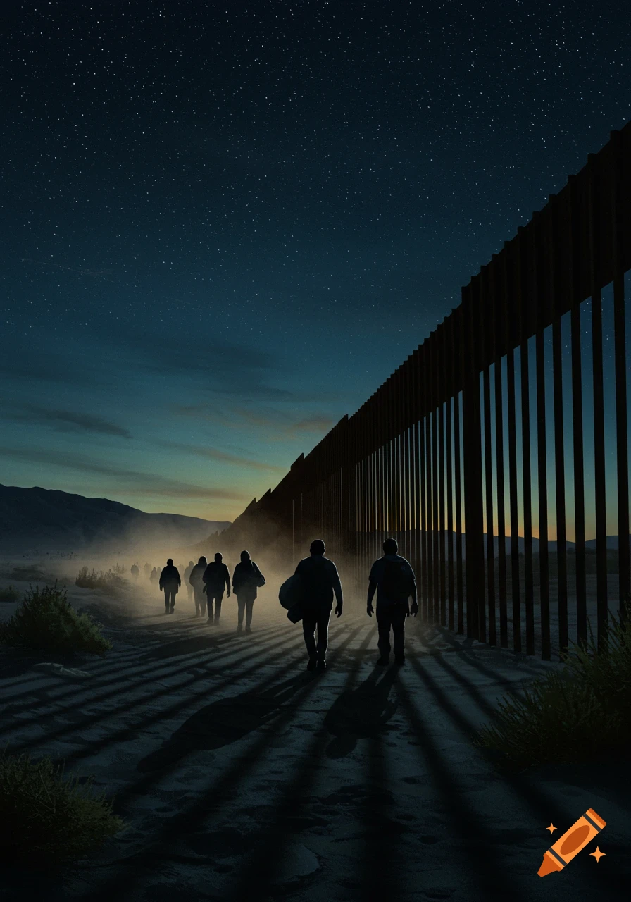 Silhouetted people walk along a tall border wall at night under a starry sky in a desert landscape.