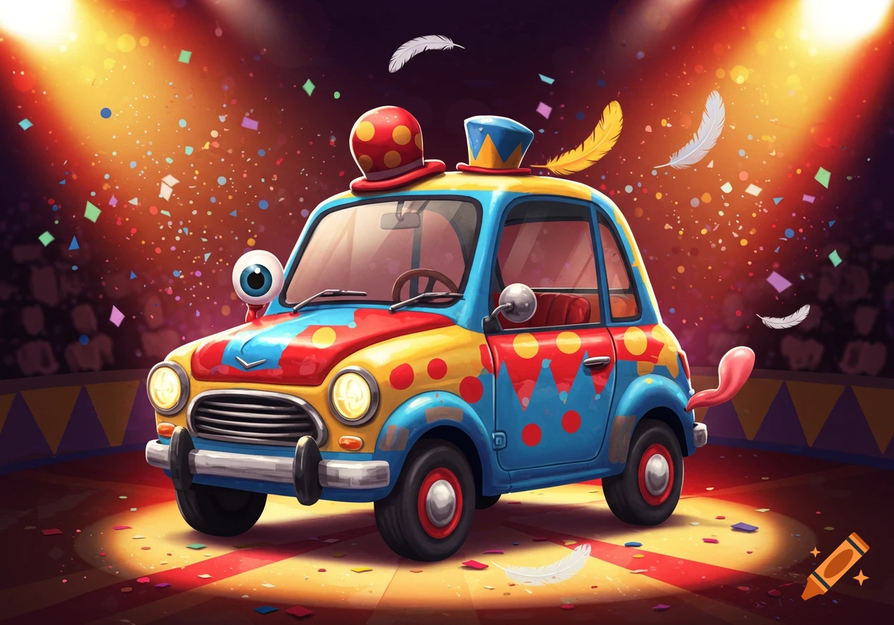 A colorful, cartoonish clown car with hats, an eye, and a small tongue on a circus arena stage under spotlights and falling confetti.