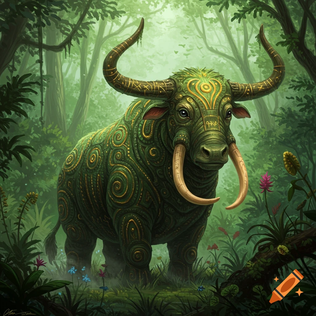 A large green ox-like creature with golden patterns and tusks stands in a lush, mystical jungle.