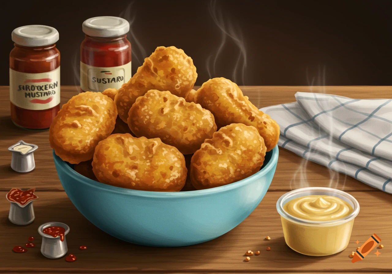A bowl of golden-brown chicken nuggets and drumsticks, with jars of mustard and small sauce cups, on a wooden table.