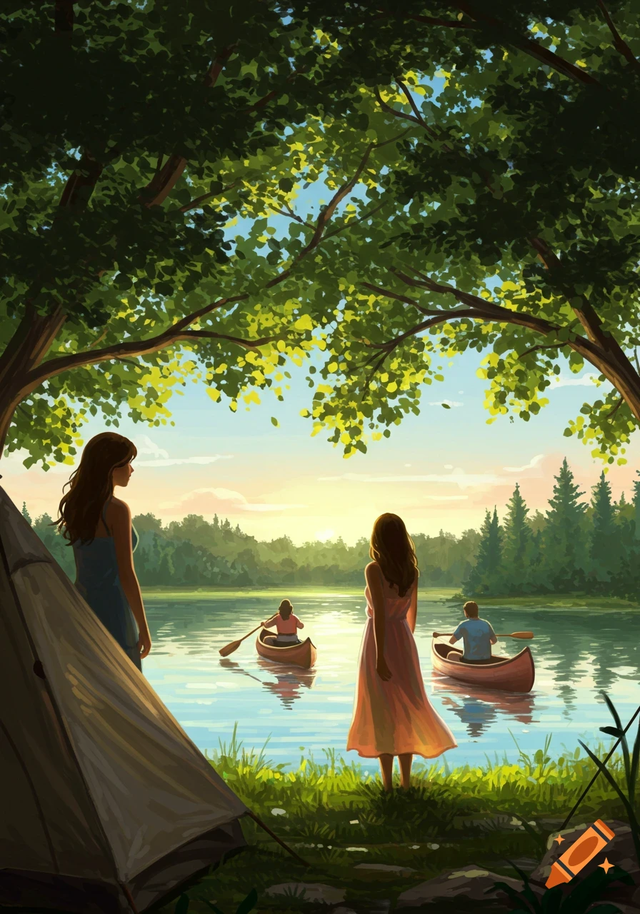 Illustration of people camping by a lake at sunset, with two people paddling canoes and two women standing on the shore.