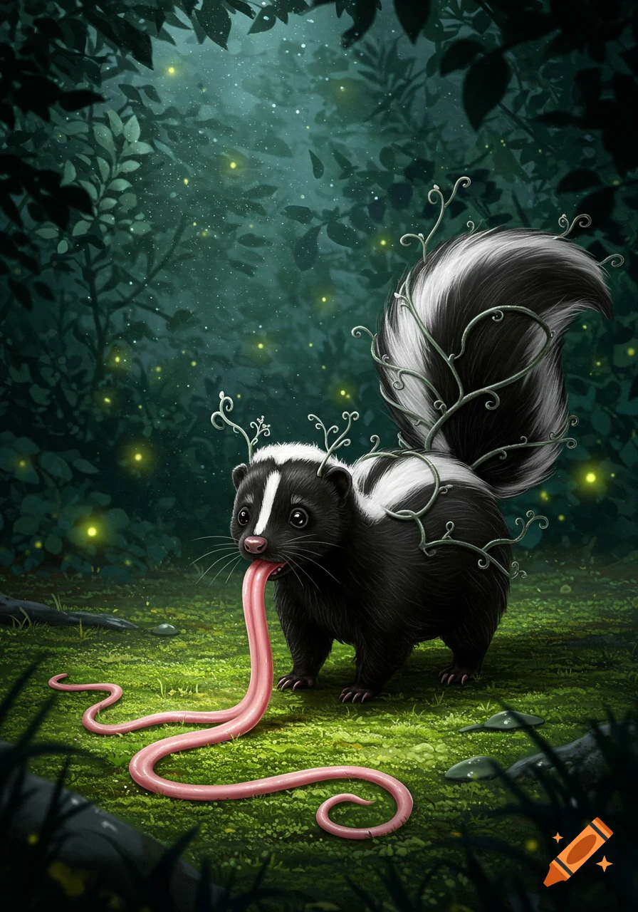 A whimsical black and white skunk with an extremely long pink tongue and vines wrapped around its body and antlers, stands in a dark magical forest with glowing fireflies.