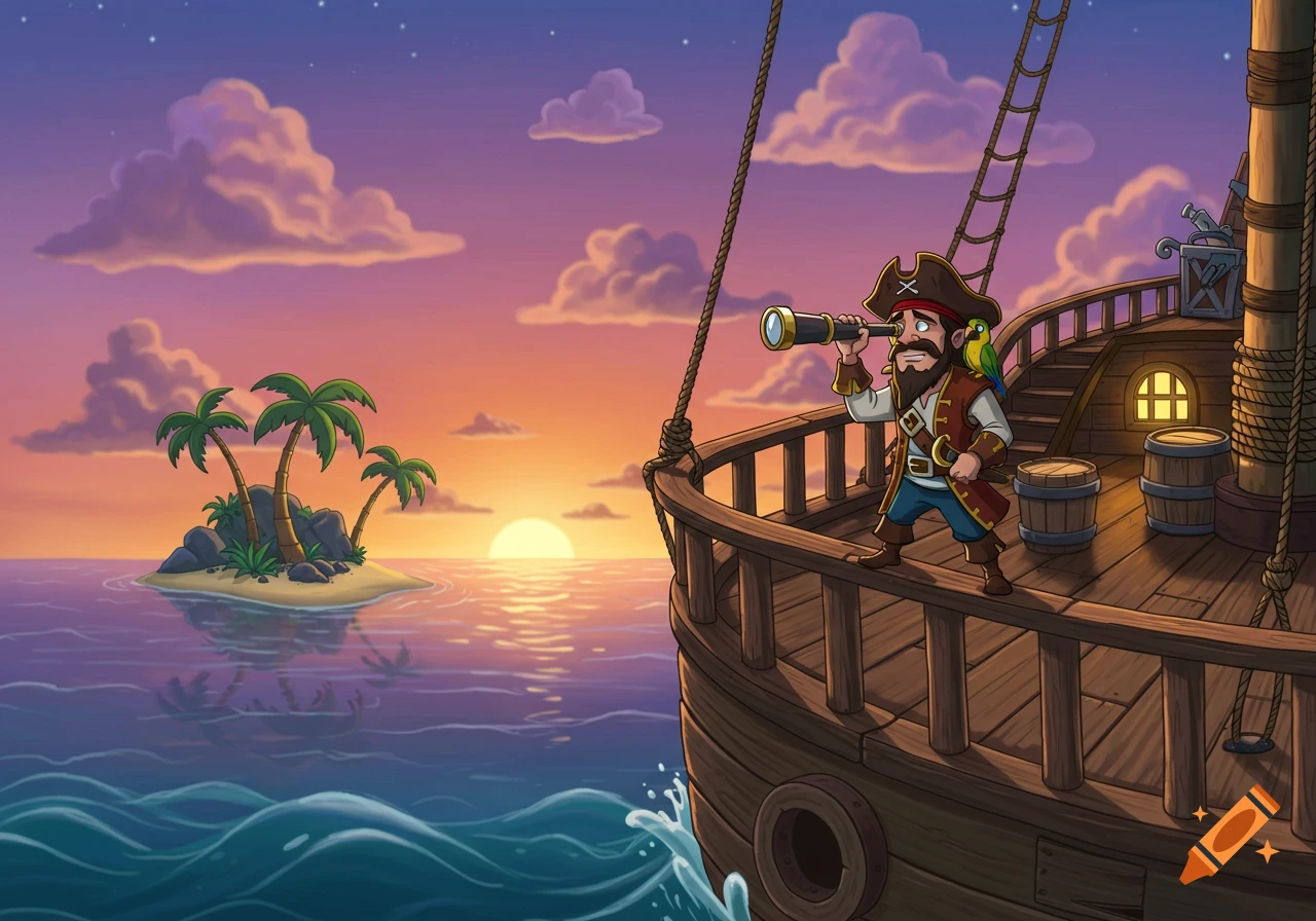 Cartoon pirate on a ship looking through a telescope at a tropical island during sunset.