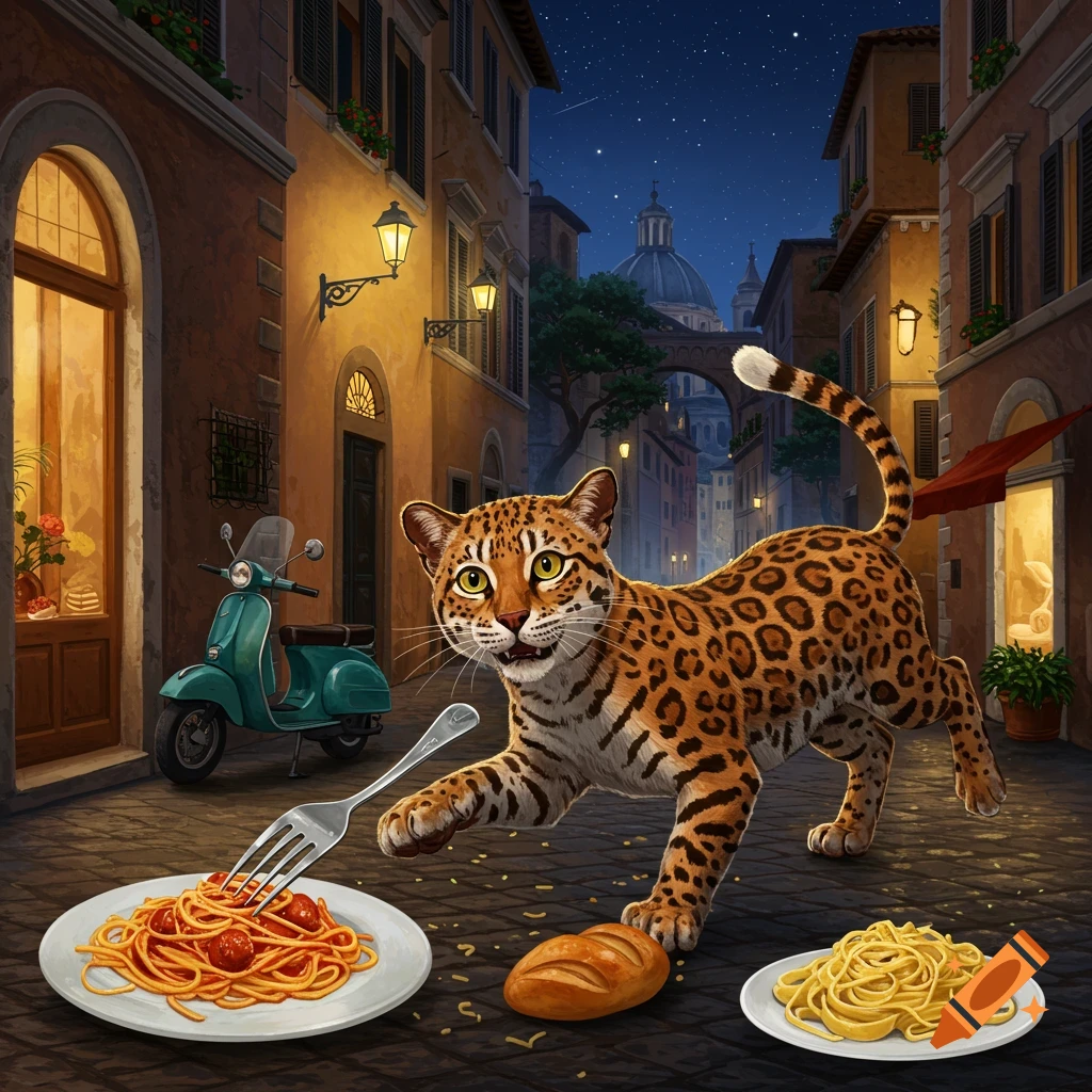 A whimsical leopard-like creature reaches for spaghetti with a fork on a Roman street at night, with a Vespa and bread.